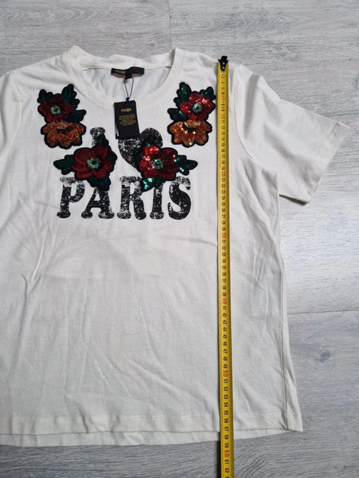 Tee-shirt Maje neuf avec étiquette Taille 1 Paris avec fleurs et sequins - photo numéro 6