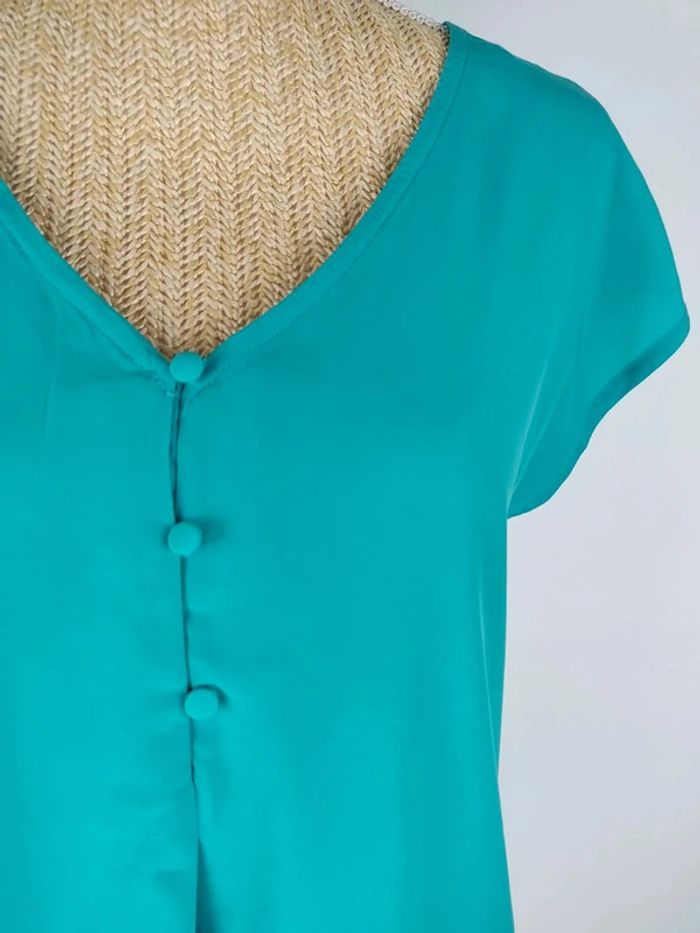 Blouse manches courtes turquoise col boutonné taille S Camaïeu neuve - photo numéro 4