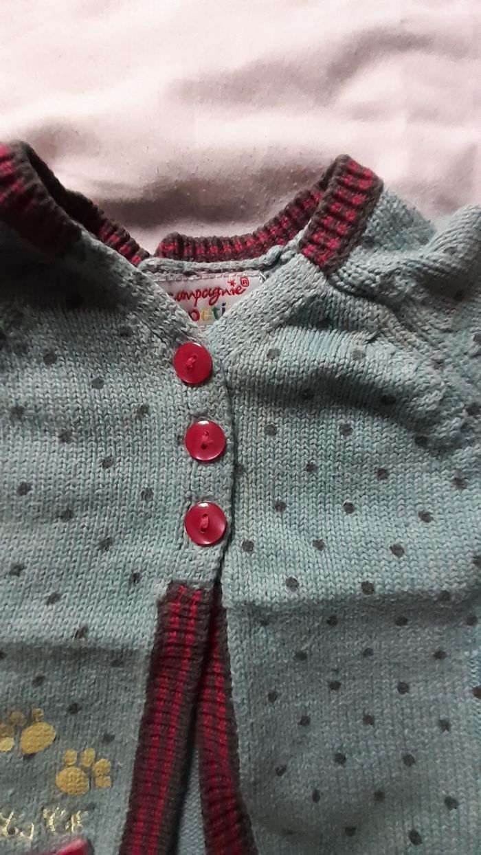 Veste bleue verte à petits pois gris avec bordure rose et grise - photo numéro 2