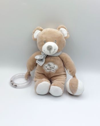 Peluche doudou ours beige blanc POMMETTE ma petite étoile activités grelot écharpe rayures
