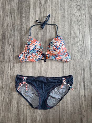 Maillot de bain deux pièces à fleurs effet jean T34/36 XS/S