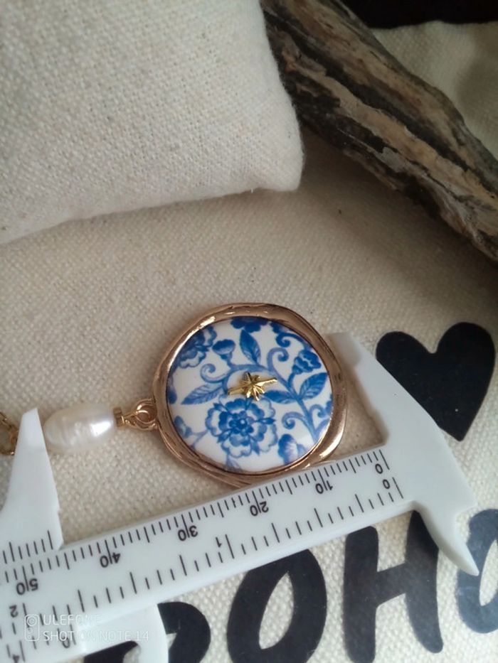 Collier faïence bleue et blanche et perle de culture d'eau douce naturelles - photo numéro 2