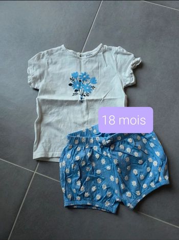 short + t-shirt kiabi fleurs bleu 18 mois