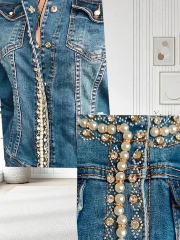 Veste jean ,Sarah John , coupe droite ,col rond , perles et strass ,texture stretch - photo numéro 6
