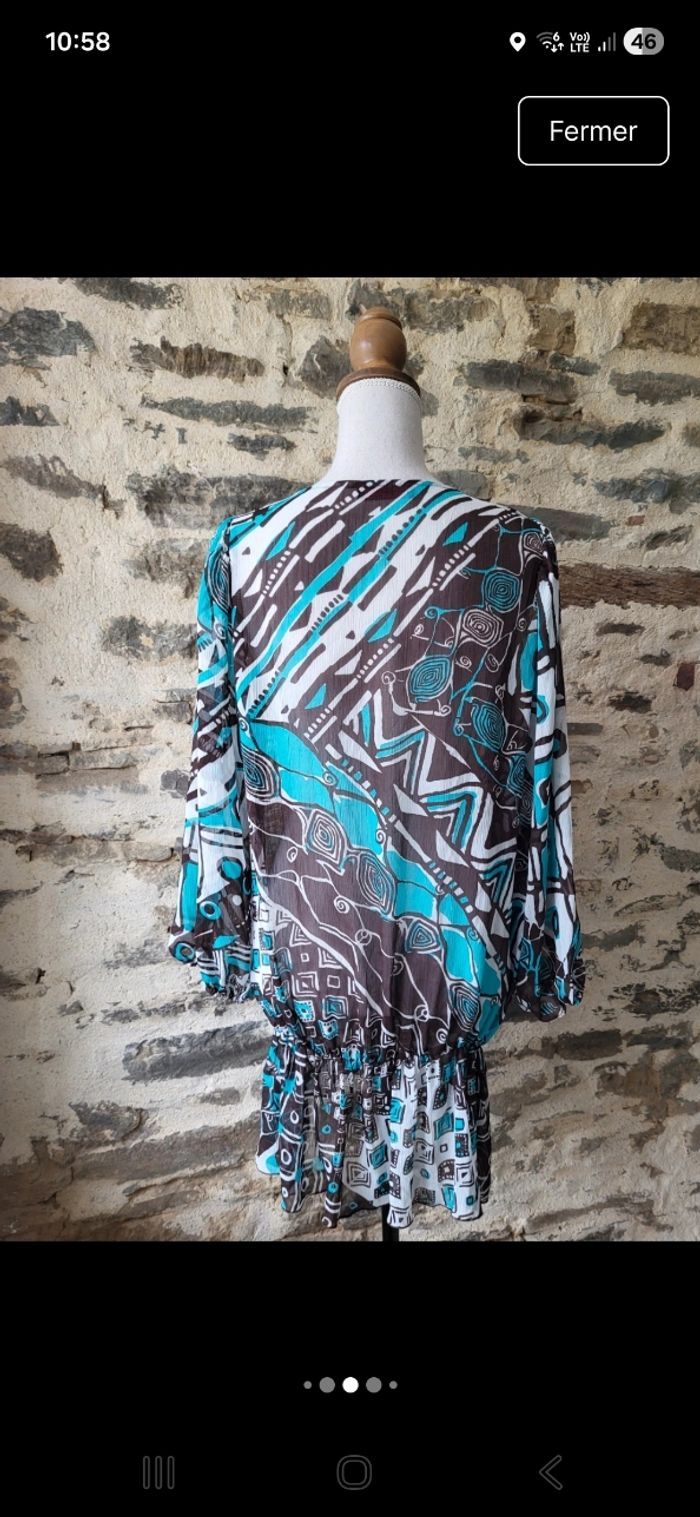 Blouse style tunique bleue turquoise marron et blanche Multiples Taille 5 ou 46 - photo numéro 5