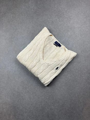 Pull d’hiver torsadé en maille pima Cotton blanc crème logo bleu marine col V taille M femme