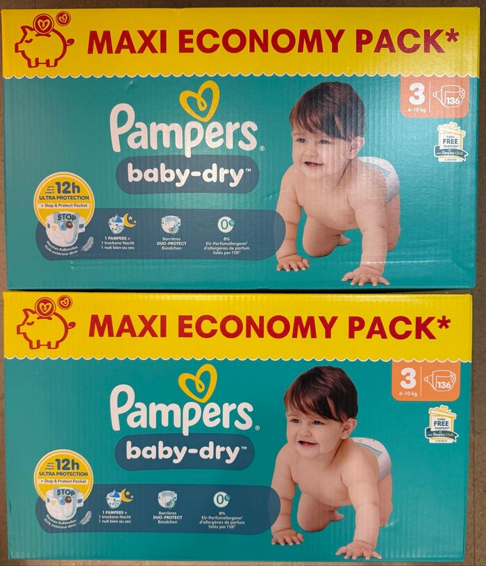 2 paquets de 136 couches Pampers Baby Dry Taille 3