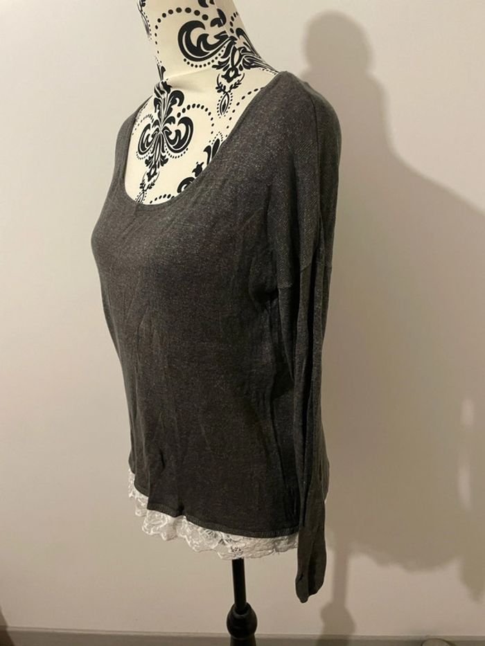Pull gris à manches longues col rond dentelle blanc en bas neuf only taille L - photo numéro 5