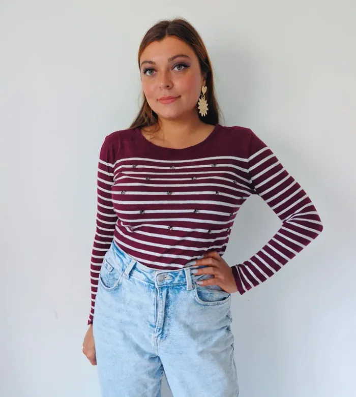 Pull léger marinière Bordeaux casual chic strass automne Massimo dutti taille 38 - photo numéro 2
