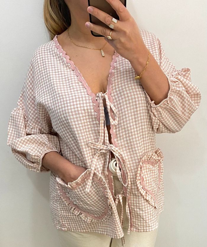 Jolie Blouse Vichy A Nouer Avec Poches Taille Unique