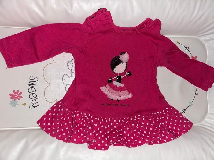 Maillot longue manche rose à pois blanc