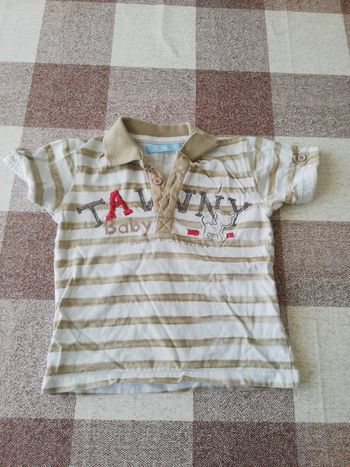 Polo 18 mois rayé blanc/taupe manches courtes Gémo
