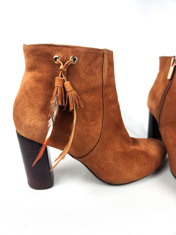 Bottines Bocage Femme Daim Marron Franges Plumes Taille 36 Talon Fermeture Éclair - photo numéro 2