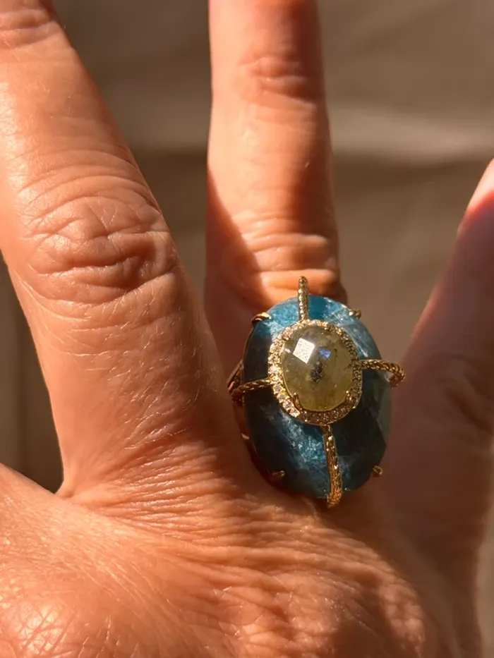 Grosse bague habaha Paris tourmaline et apatite véritable zircons acier inoxydable or - photo numéro 4
