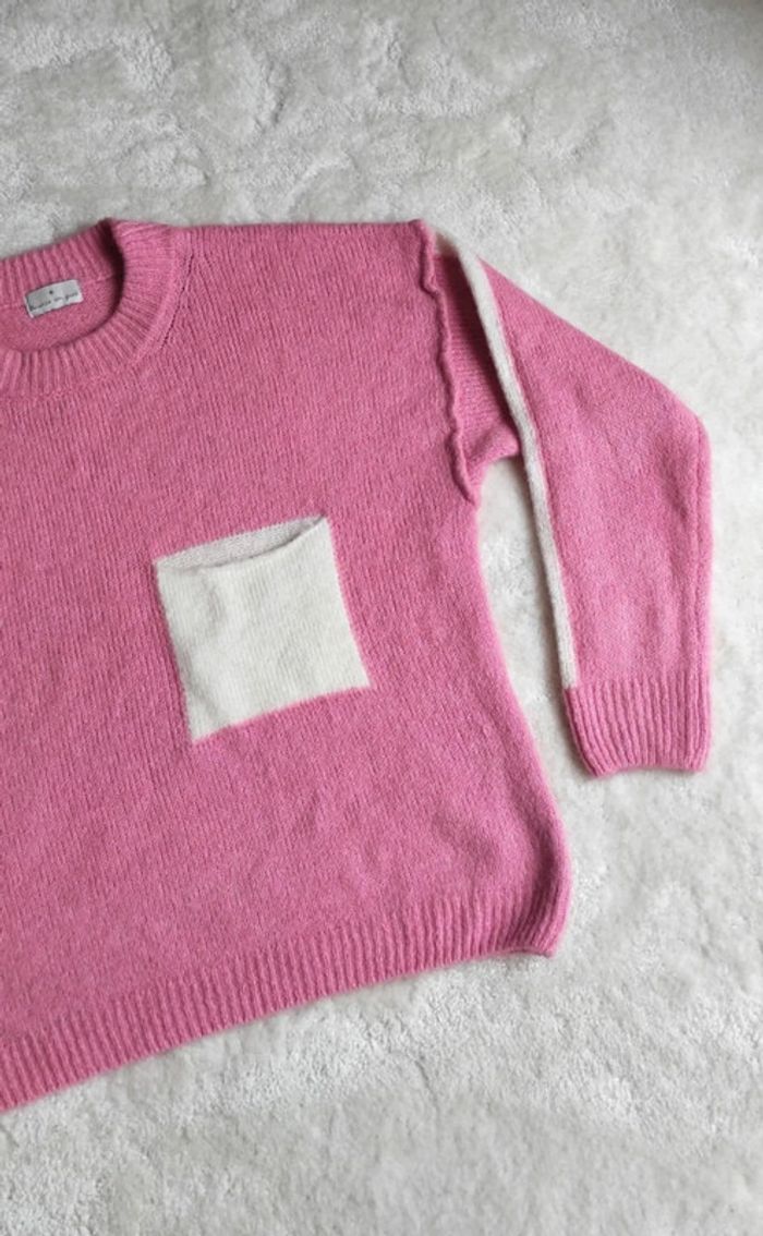 Magnifique pull loose rose bonbon blanc Balance ton pull avec poche taille unique comme neuf - photo numéro 7