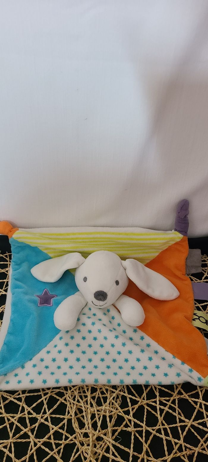 Doudou plat lapin OBAIBI carré étoile bleu blanc orange vert - photo numéro 4