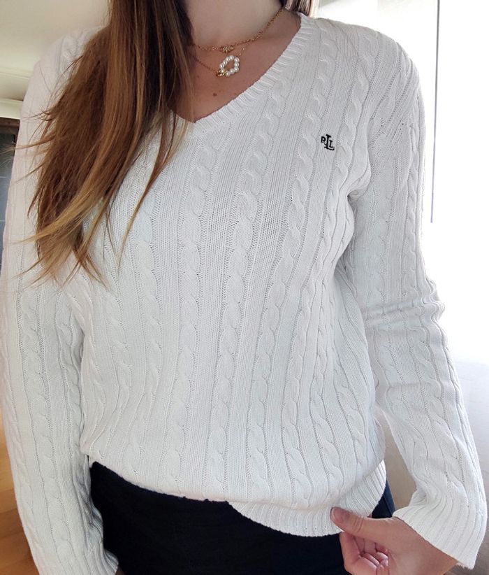 Pull irlandais col v en 100% coton blanc, Ralph Lauren t.M - photo numéro 2