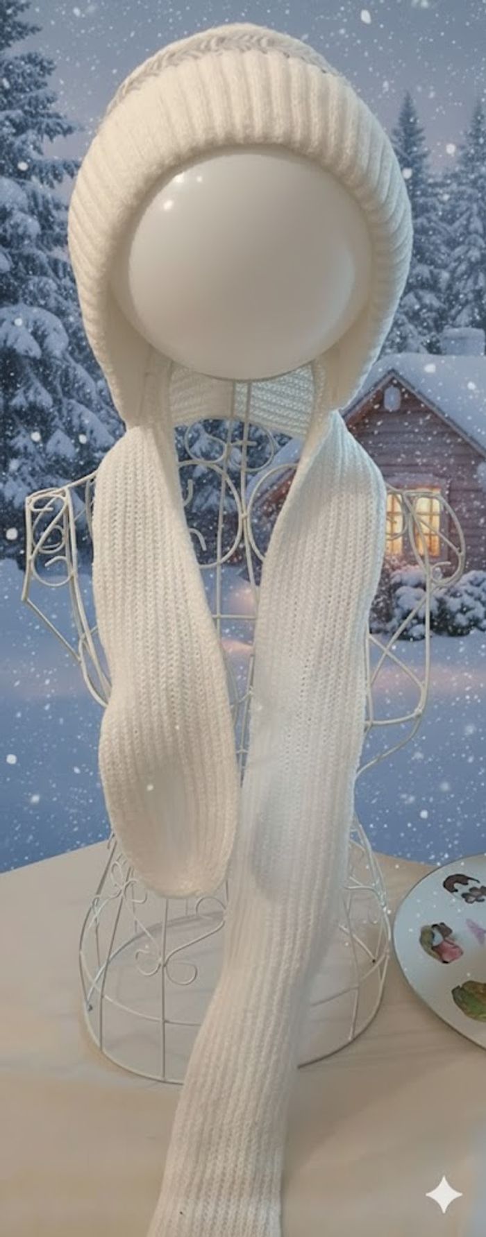 Bonnet fourré et Écharpe 2-en-1 Blanc - Maille Côtelée avec Pompon - Hiver - photo numéro 9