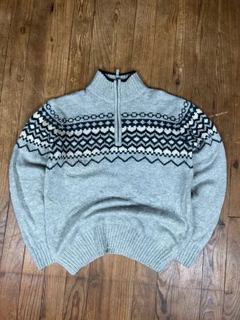Pull maille vintage laine 1/4 zip rayures motifs gris M