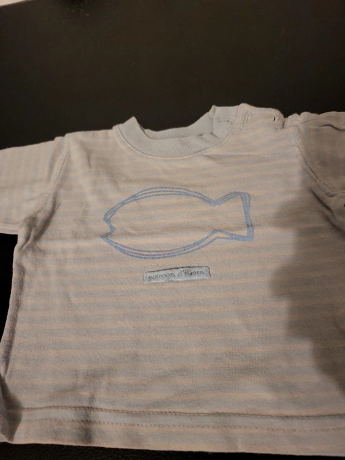 Tee-shirt bleu pastel rayer poisson d'hiver 12M grain de blé - photo numéro 2