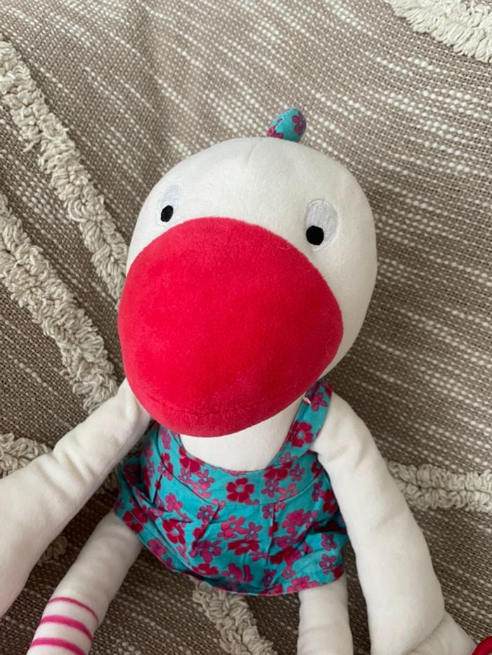 Peluche doudou d’éveil 41cm orchestra oie canard oiseau blanc rouge bleu très bon état - photo numéro 2