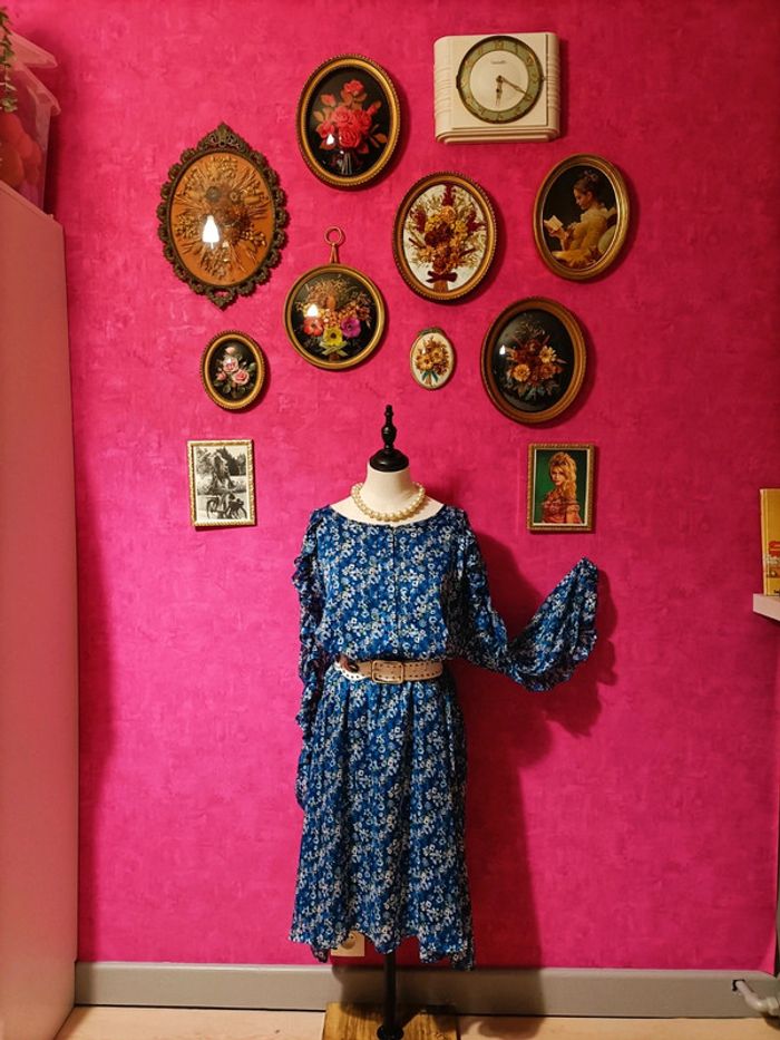 Robe bleue femme manches longues fleurs multicolores Kiabi taille 54