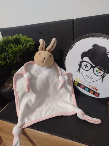 Doudou plat lapin kaloo blanc bords rose marron beige ancien noeud Ancien 3603