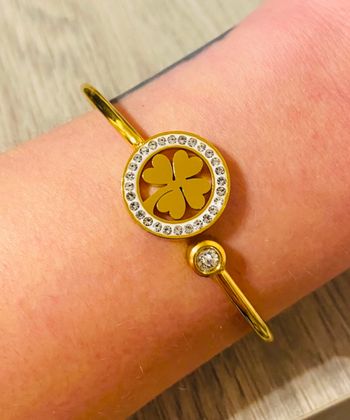 Bracelet épais jonc zirconium trèfle doré acier inoxydable