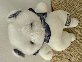 Doudou ours blanc bleu Ajena vintage manque nez