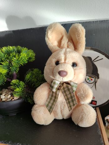 peluche lapin beige jaune noeud carreaux vert doré vichy doudou ancien Marron