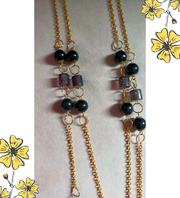 Parure fantaisie – Collier & boucles dorés et perles noires & violettes - photo numéro 7