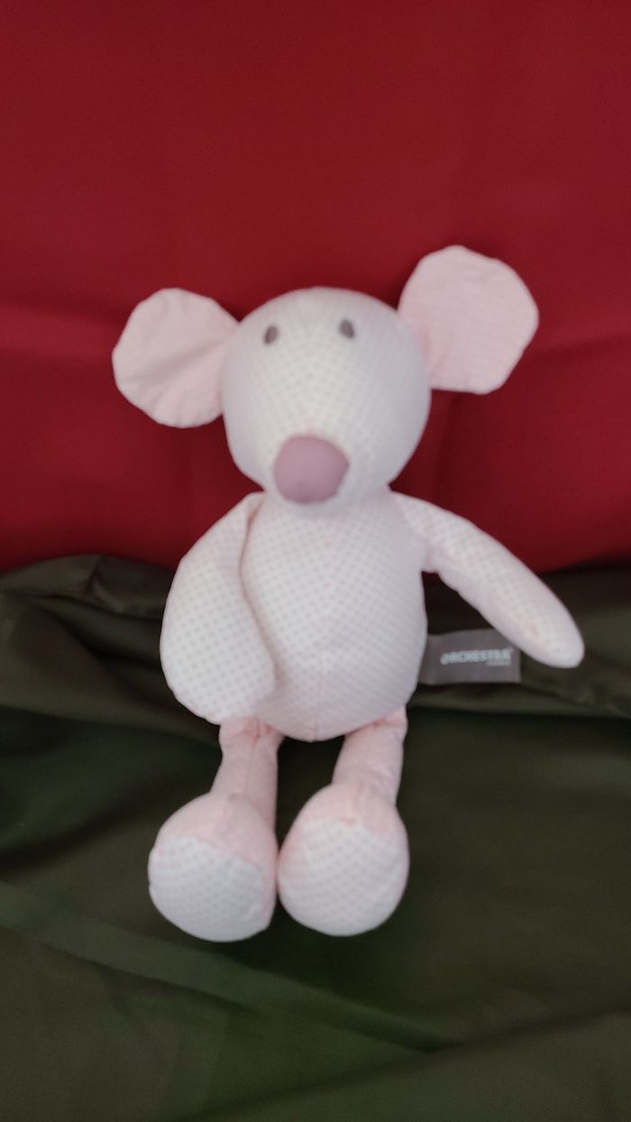 Doudou Souris en tissu blanc rose pois Orchestra 30 cm - photo numéro 2