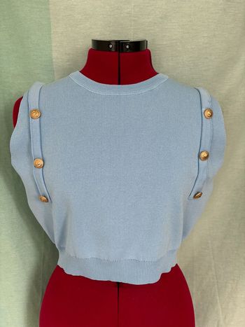 Crop top chic bleu clair avec boutons dorés sans manches