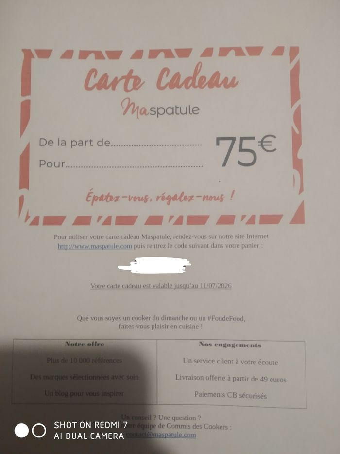 Carte cadeau Maspatule d'une valeur de 75€