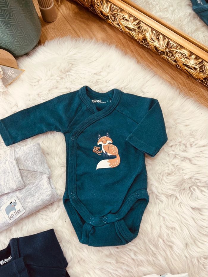 Taille naissance lot de 4 bodies manches longues garçon Gemo blanc bleu gris marine 💙 - photo numéro 2