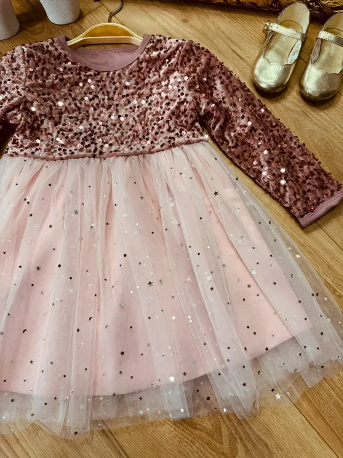 Taille 4 ans Robe à manches longues fille rose * velours tulle sequins * 💞 - photo numéro 5