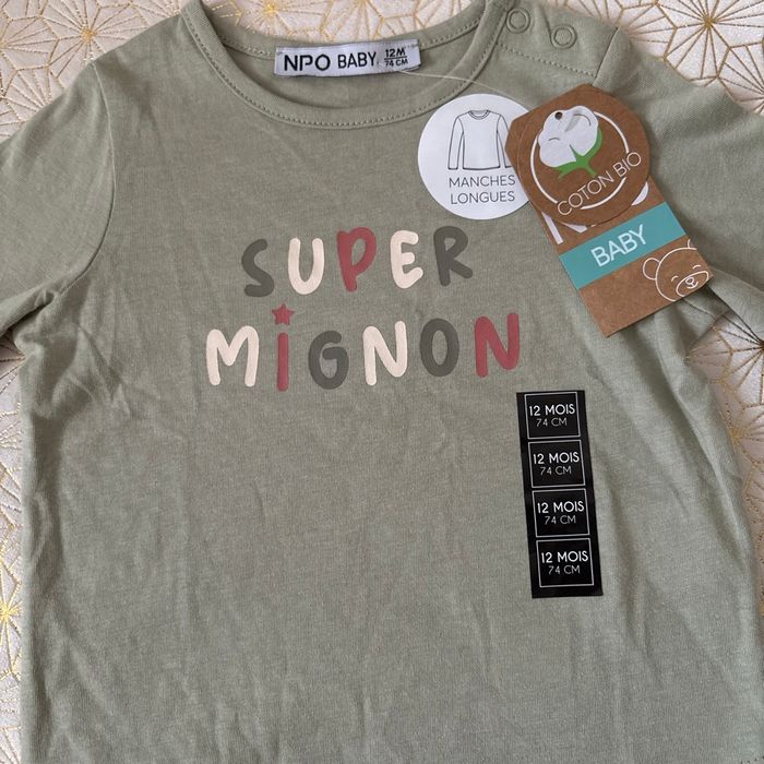 TEE shirt coton BIO  12mois manche longue « super mignon » Neuf NPO - photo numéro 3