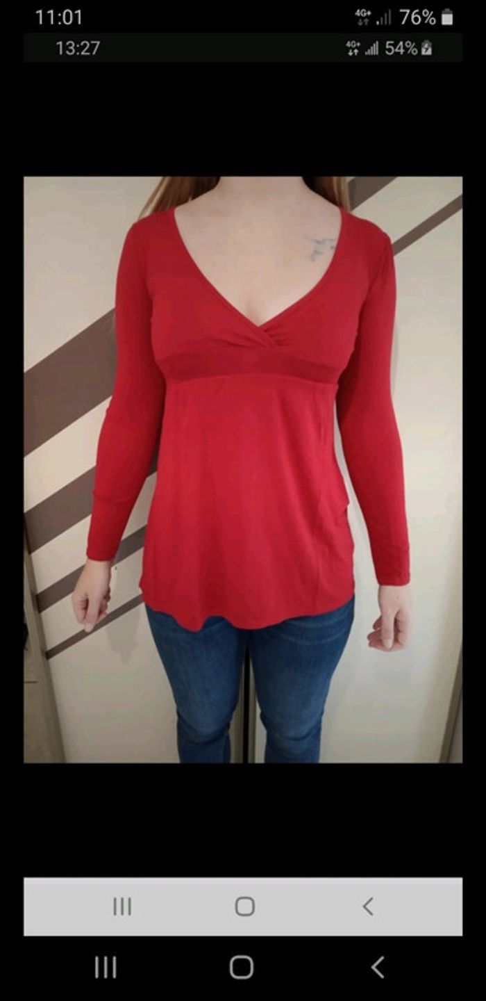 Tee-shirt blouse chemise chemisier haut manches longues femme rouge vif taille 38