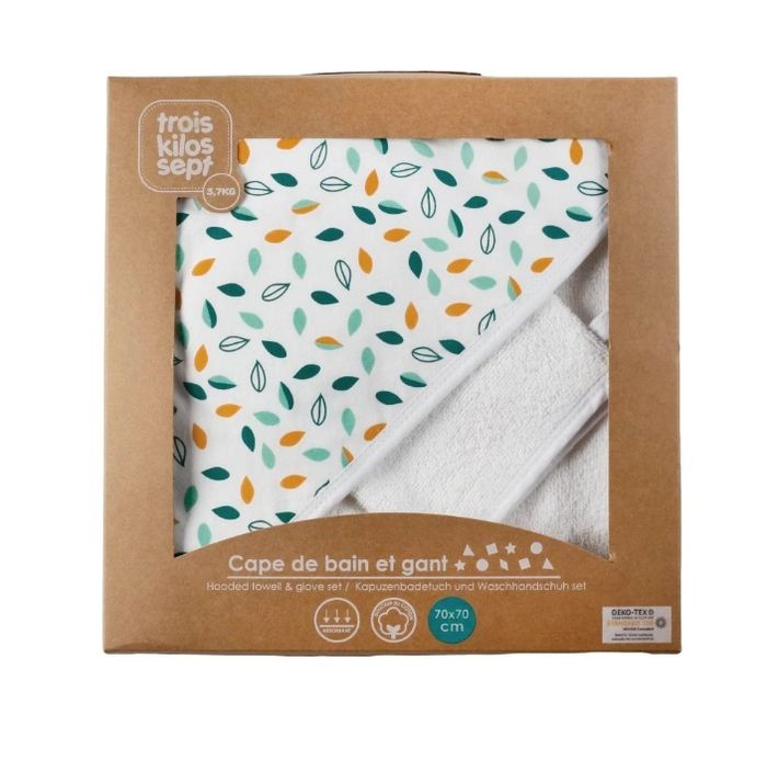 Cape de bain bébé avec gant Feuilles Kolala et sa Tribu Trois Kilos Sept NEUF - photo numéro 2