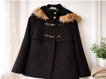 Manteau noir Tex T36 – Duffle coat avec capuche fourrure – Très bon état