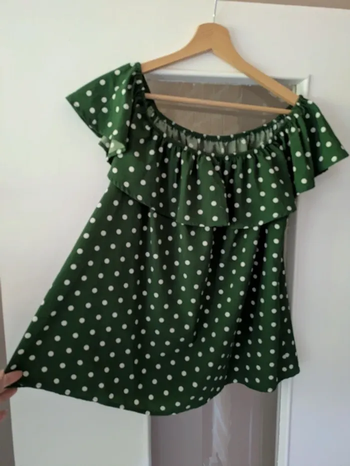 Magnifique haut blouse froufrou vert à pois Shein taille XL - photo numéro 2