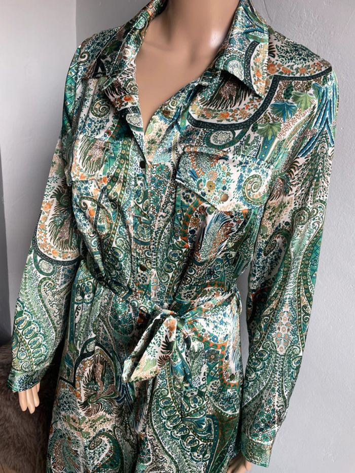💚 Robe Chemise Longue Imprimé Paisley Vert & Blanc - Taille Unique, Excellent État 💚 - photo numéro 6