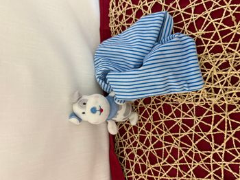 Doudou chien mouchoir rayé bleu et blanc Shima