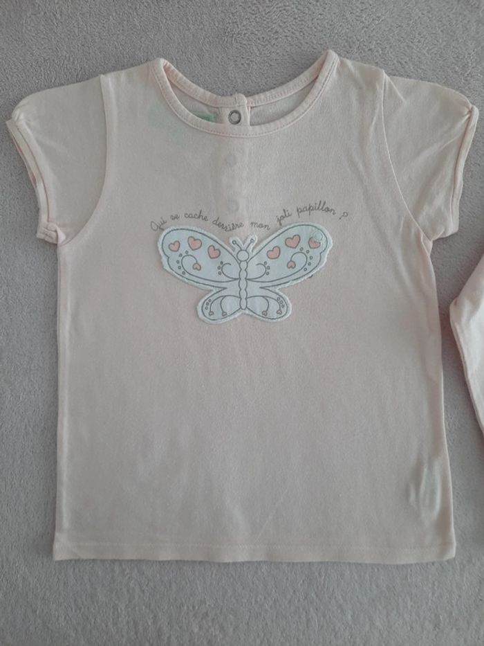 Ensemble 24 mois Mes Petits Cailloux rose clair : t-shirt manches courts papillon et gilet assorti - photo numéro 2
