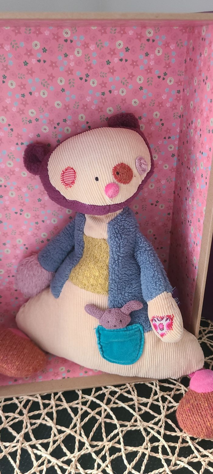 Moulin roty Famille Petitpas peluche souris violet marron vert doudou rayé Rose