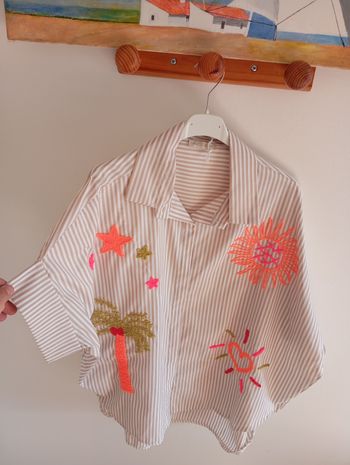 Chemise beige patch fluo brodé coton taille L XL 