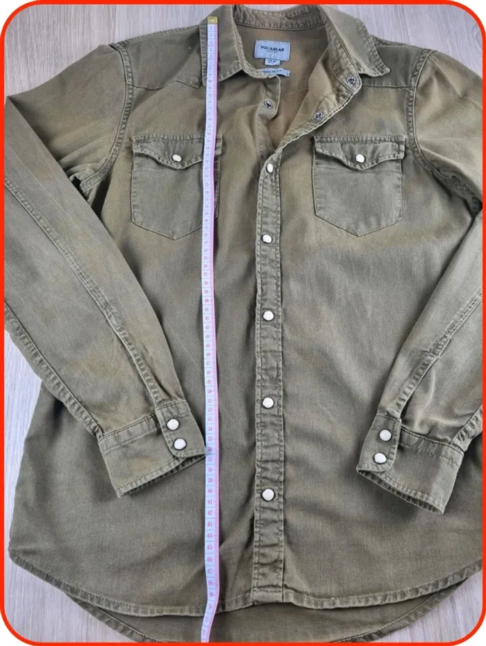 Chemise en jean à boutons pression kaki Pull & Bear Homme Taille S - photo numéro 6