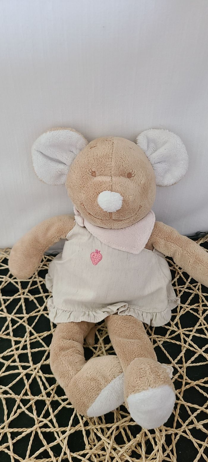Doudou souris beige robe gris foulard rose NOUKIE'S