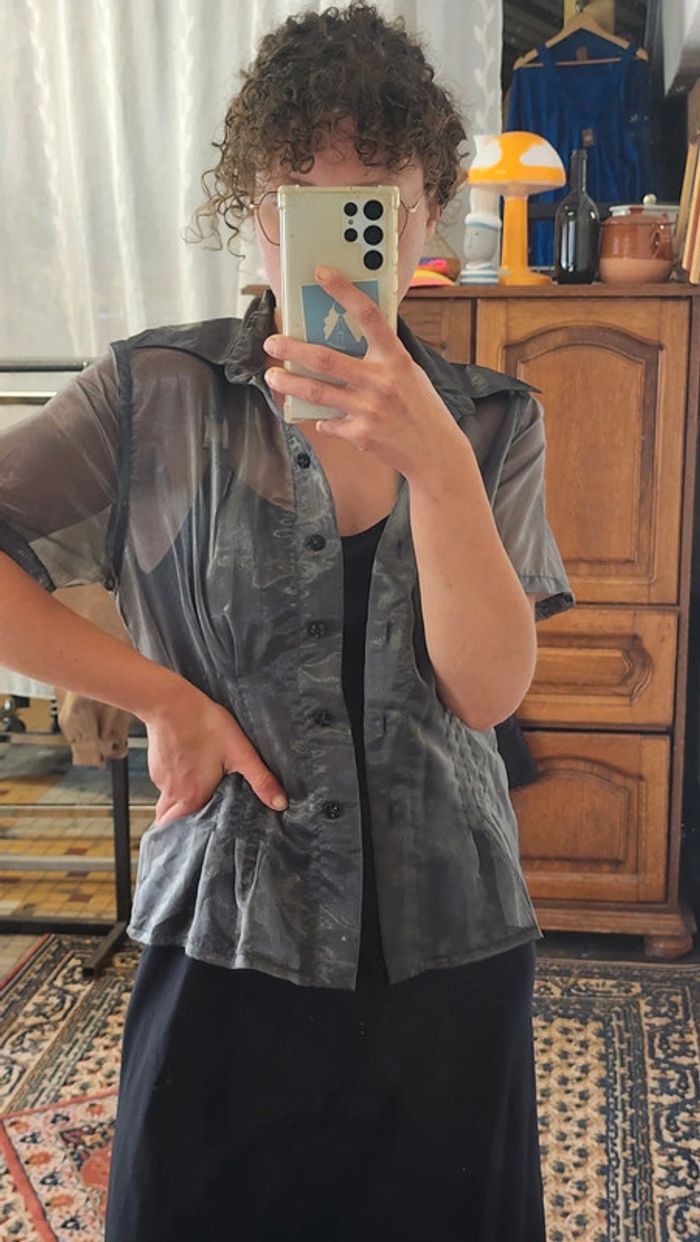 Joli petit chemisier gris métallique en mousseline vintage y2k - photo numéro 5