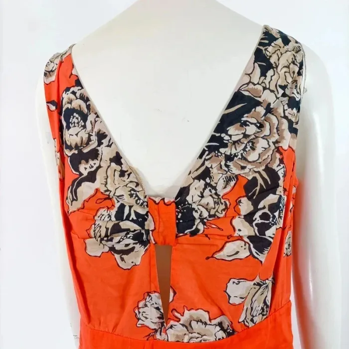 Robe d'été Orange, plastron fleurs Col rond et dos en V Taille M - Coton/Soie A440 - photo numéro 5
